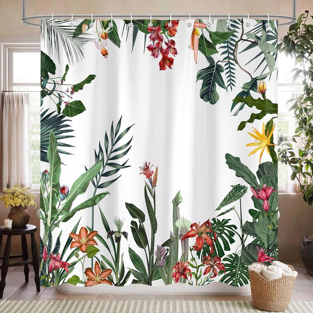 Colorful Abstract Shower Curtain 72x72inch Waterproof Bath Curtian Accessory Set 12 Hooks, Boho Tropical Floral Bath Curtain Set