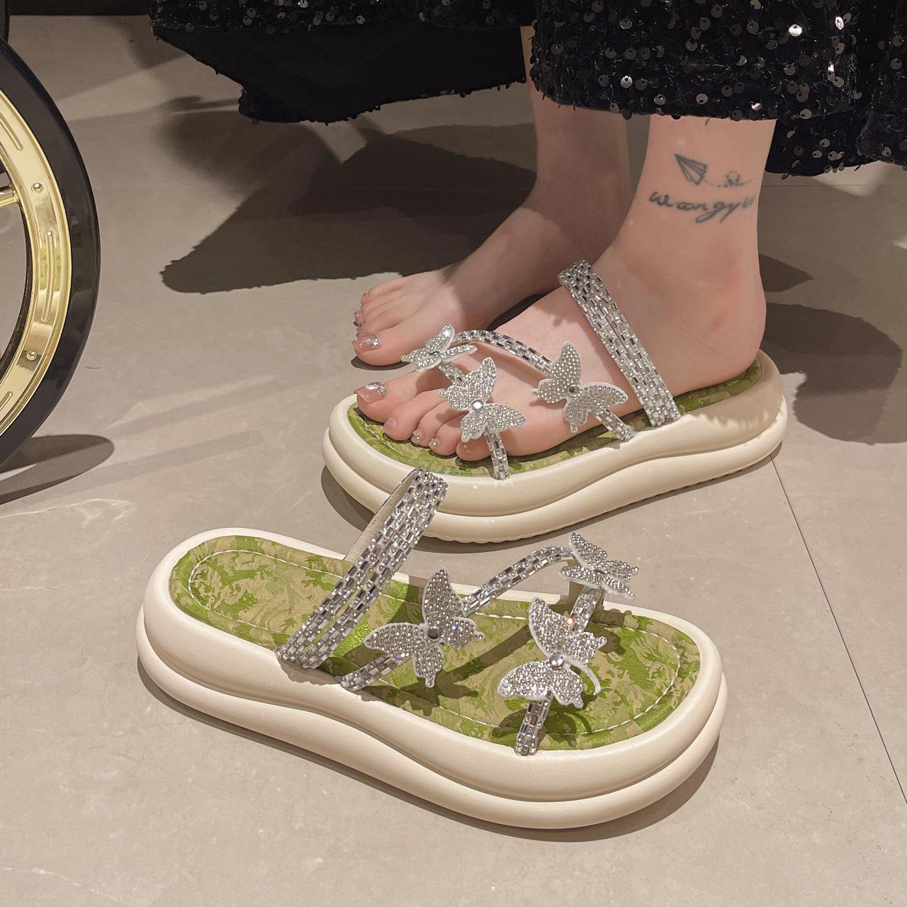 

Bow thick bottom cover toe cool slippers women wear 2024 summer new fashion muffin rhinestone slippers 40 зелений