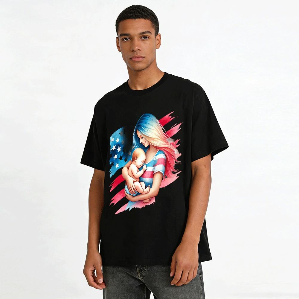 Patriotischer Mama und Baby Druck Lässiges Kurzarm-T-Shirt Reines Baumwoll-T-Shirt