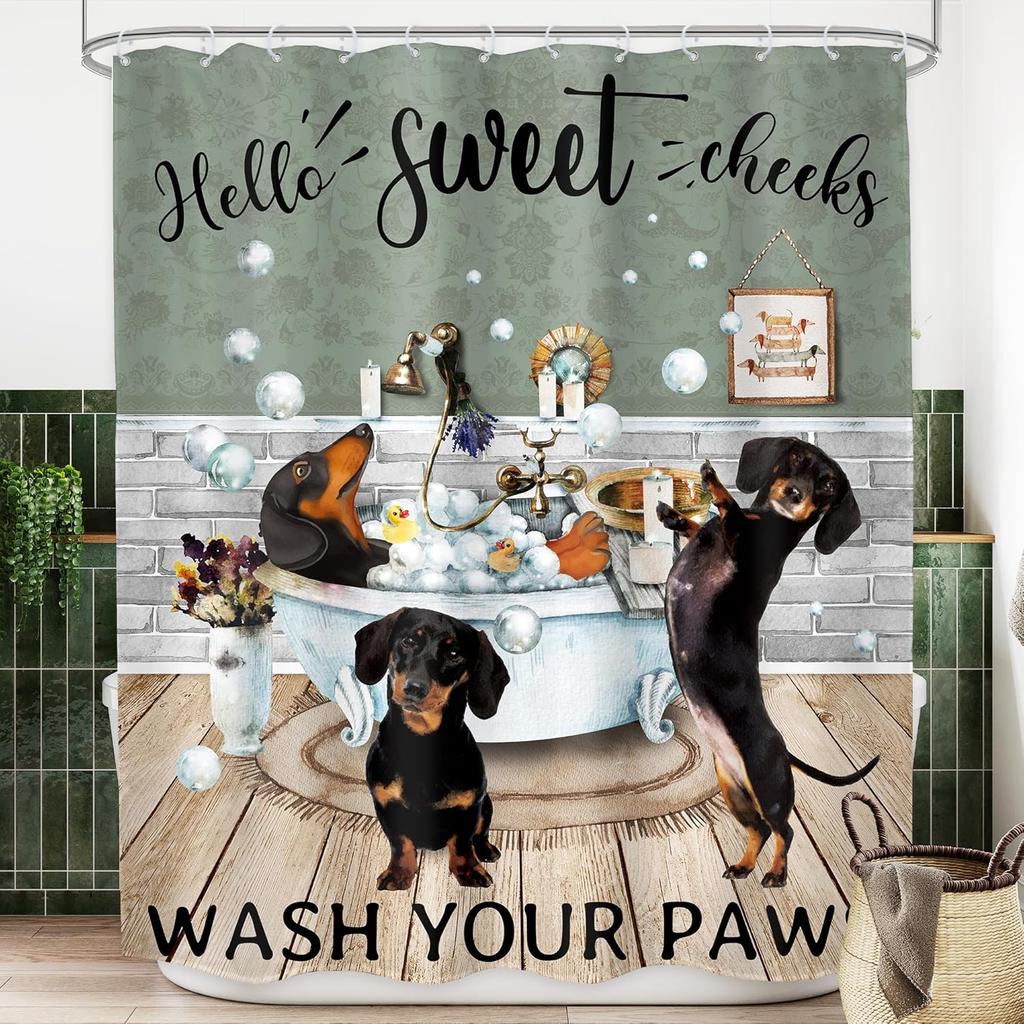 Kids Dachshund Dog Shower Curtain – Nautical Ocean Theme with Fish, Turtle, Coral & Anchor, Cute Blue Fabric Decor,