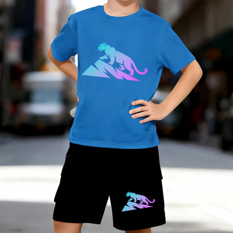 Boys 2 Piece Climbing Tiger Print T-shirt Outfit, Short Sleeve T-Shirt and Shorts Set for Kids Age 5-14,Black and White Sporty Casual Summer Clothes