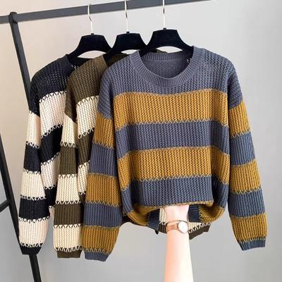 Retro Round Neck Long Sleeved Sweater for Women Fashionable Commuting Style Contrasting Color Stripes Loose Pullover Hollowed Out Knit Sweater