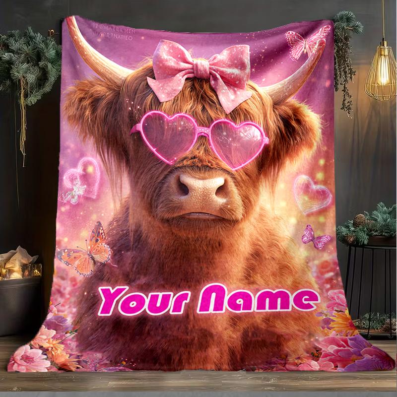 1PC Custom Name Pink Cow Bow outdooor Flannel blankets Patterns Throw Blanket All-Season Soft Gift for Couch, Bed, Camping gifts