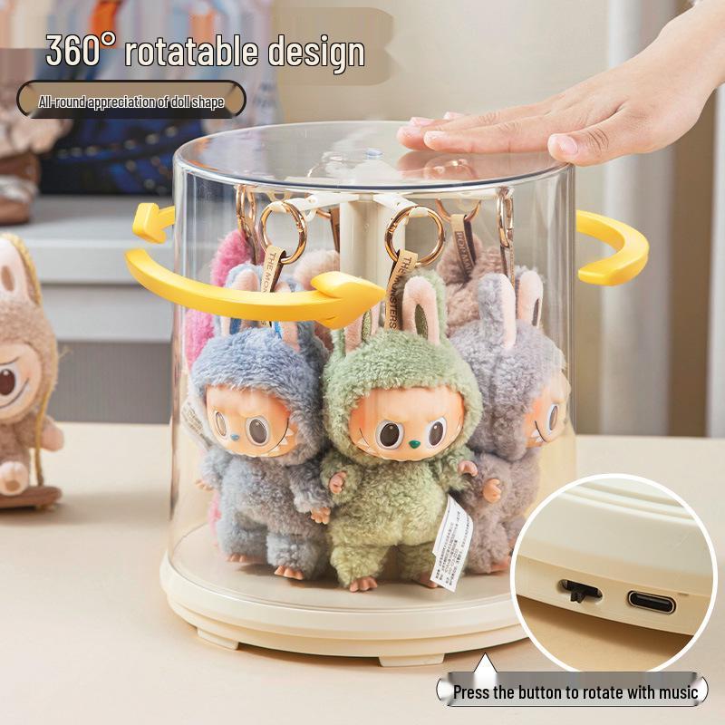 Labubu Charm Music Rotating Display Box: Transparent Plush Doll Figurine Storage Stand