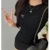 Korean Style Color Block Slim Fit T-Shirt with Bow Neck and Embroidery