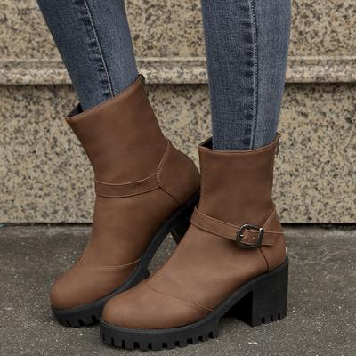 British Style Modern Shoes Women's Boots Retro Round Head Buckle Back Zipper Anti Slip Thick Bottom Punk Short Boot Zapatos