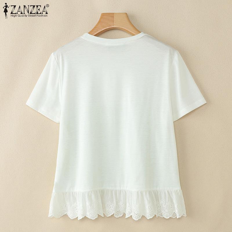 ZANZEA Womens Summer Round Neck Patchwork Short Sleeve T-shirts