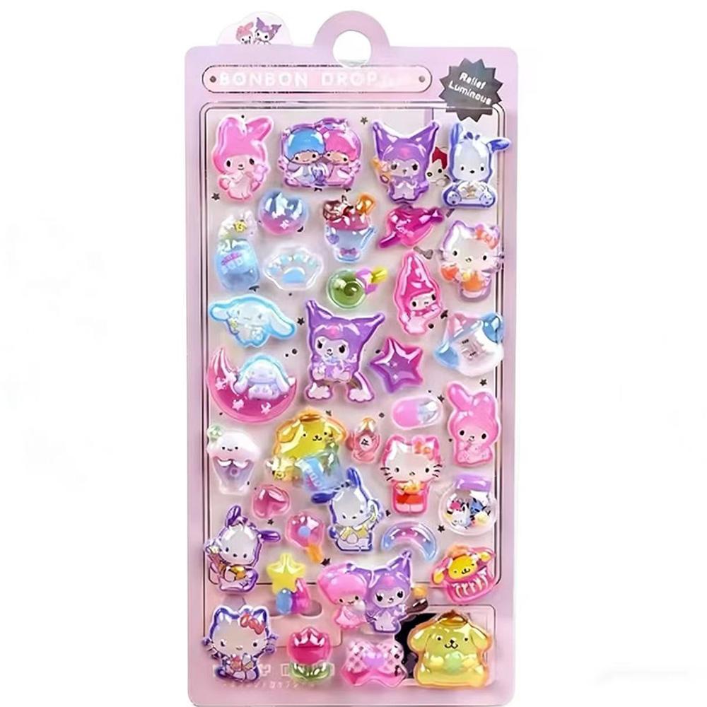 Luminous Cute Sanrio 3D Relief Stickers Kawaii Girls Kuromi Cinnamoroll My Melody Crystal Decals Kids Decoration Sticker Packs