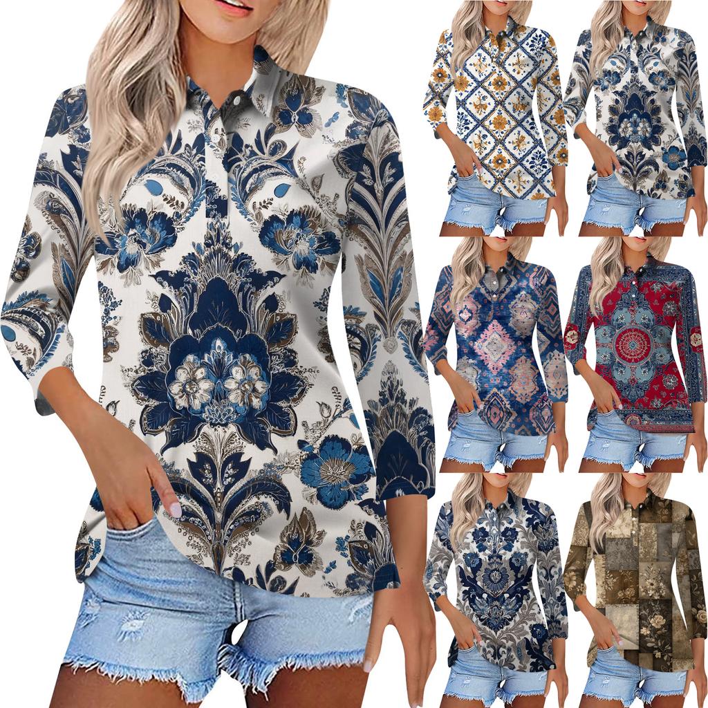 Women's Fashion Casual Lapel Short 3/4 Sleeve Print Shirt Women's Button Up Tops