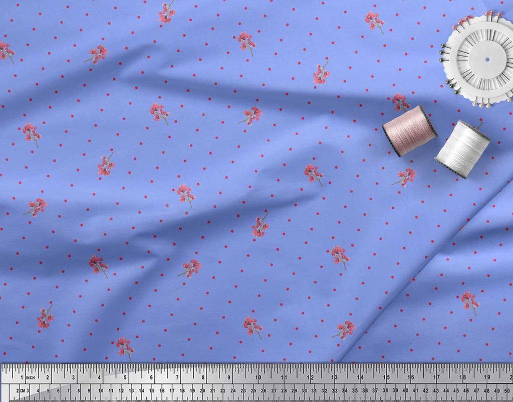 Soimoi Blue Japan Crepe Satin Fabric Berries & Dots Fabric Prints By metre 42 Inch