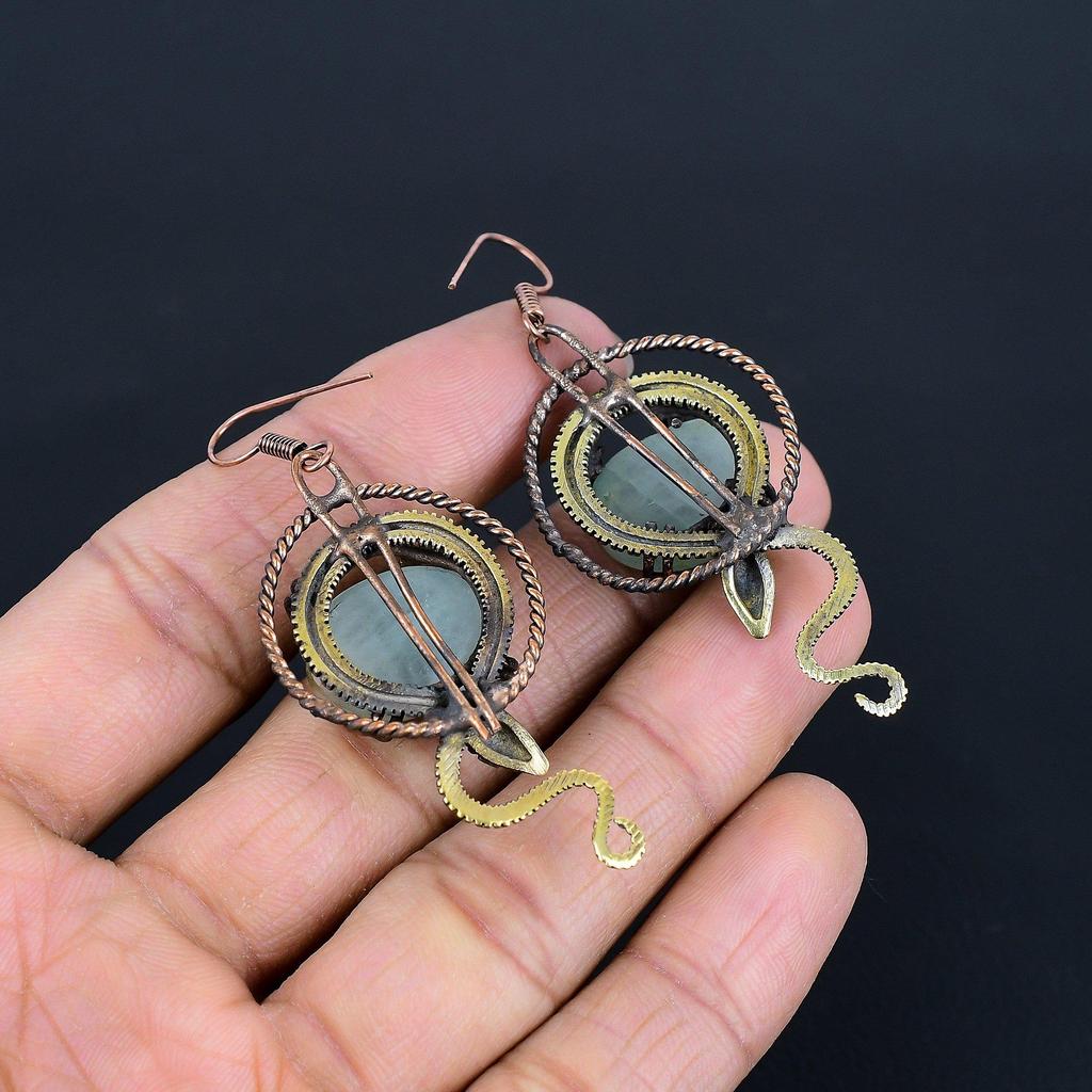Aquamarine 999 Copper Wire Wrapped Earrings, Handmade Gemstone Earrings Jewelry, Gifts For Wife Brand New Earrings
