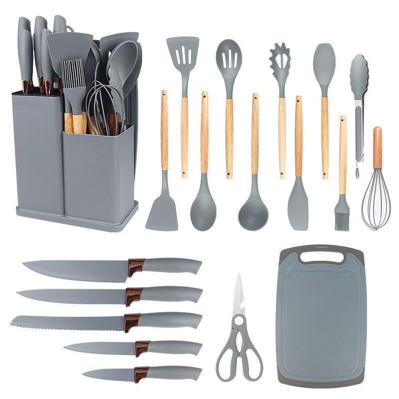 19 Piece Silicone Kitchenware Set Cooking Utensil Set Wooden Handle Spatula Spoon Stainless Steel Knife Set with Storage Bucket