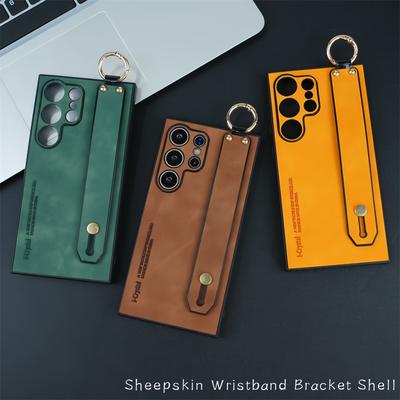 Leather Wristband Bracket Phone Cases For Samsung S26 Ultra S24 Plus S23 S22 S25 Ultra Sheepskin Silicone Protector Cover
