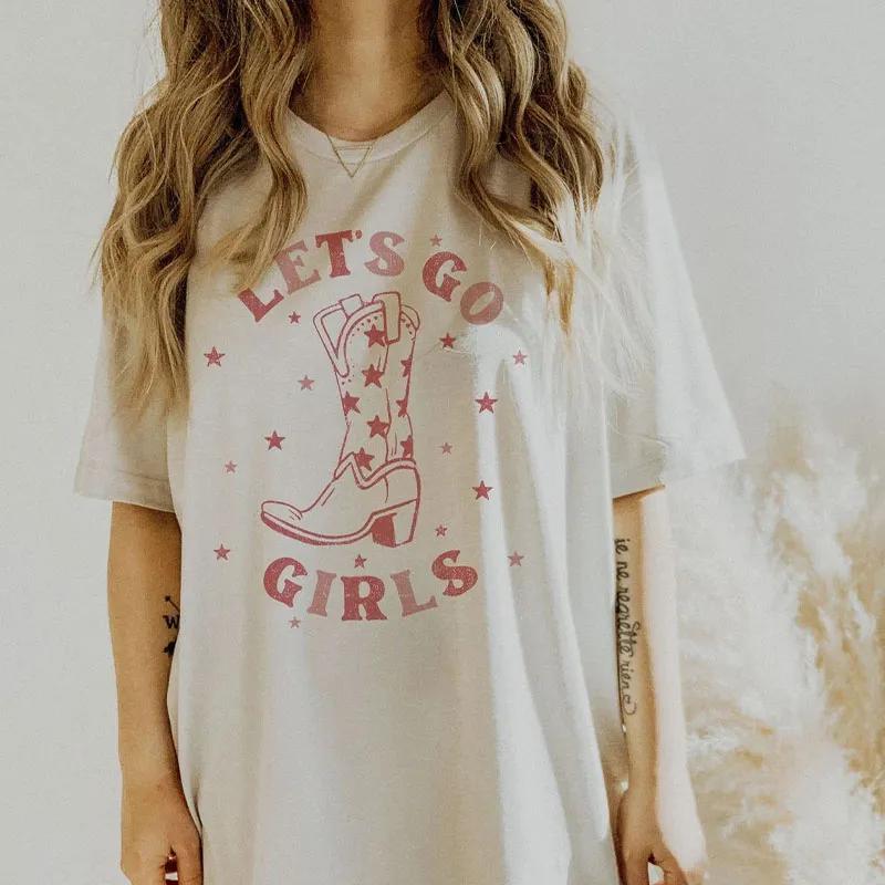 

New Arrival Summer Short Sleeve Cotton Loose Casual Shirts Lets Go Girls Retro Style Western Graphic Tees Feminise Tops T Shirt S