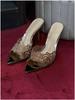 2026 Summer Champagne Gold Embroidered Pointed Toe Mules: Women's One-Strap Thin Heel Sandals
