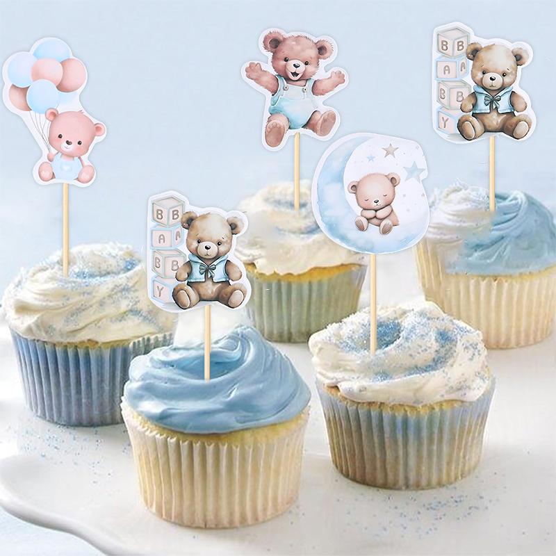 12/24Pcs Cartoon Bear Cupcake Toppers for Kids Baby Boy Girl 1st Birthday Party Cake DIY Decoration Blue Pink Baby Shower Favors