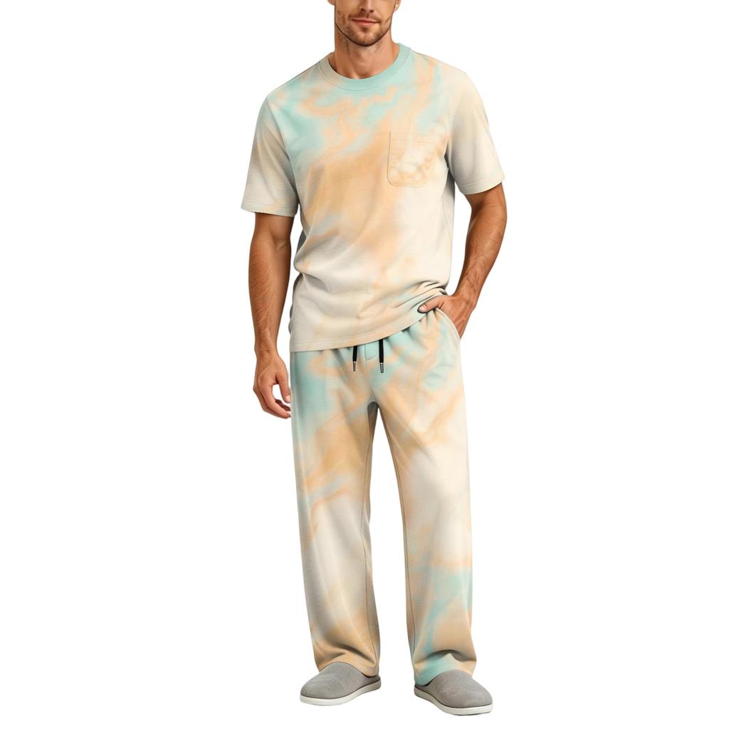 Herren-Haus-Pyjama-Set, Kurzarm-Oberteil und lange Hose mit Knopfleiste und Tunnelzug