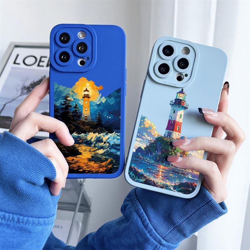 Abstrakter Stil Leuchtturm Handyhülle Für iPhone XS XR X 11 12 13 14 Pro Max 7 8 14 Plus SE 2020 Weiche Silikon Rückseite Hüllen