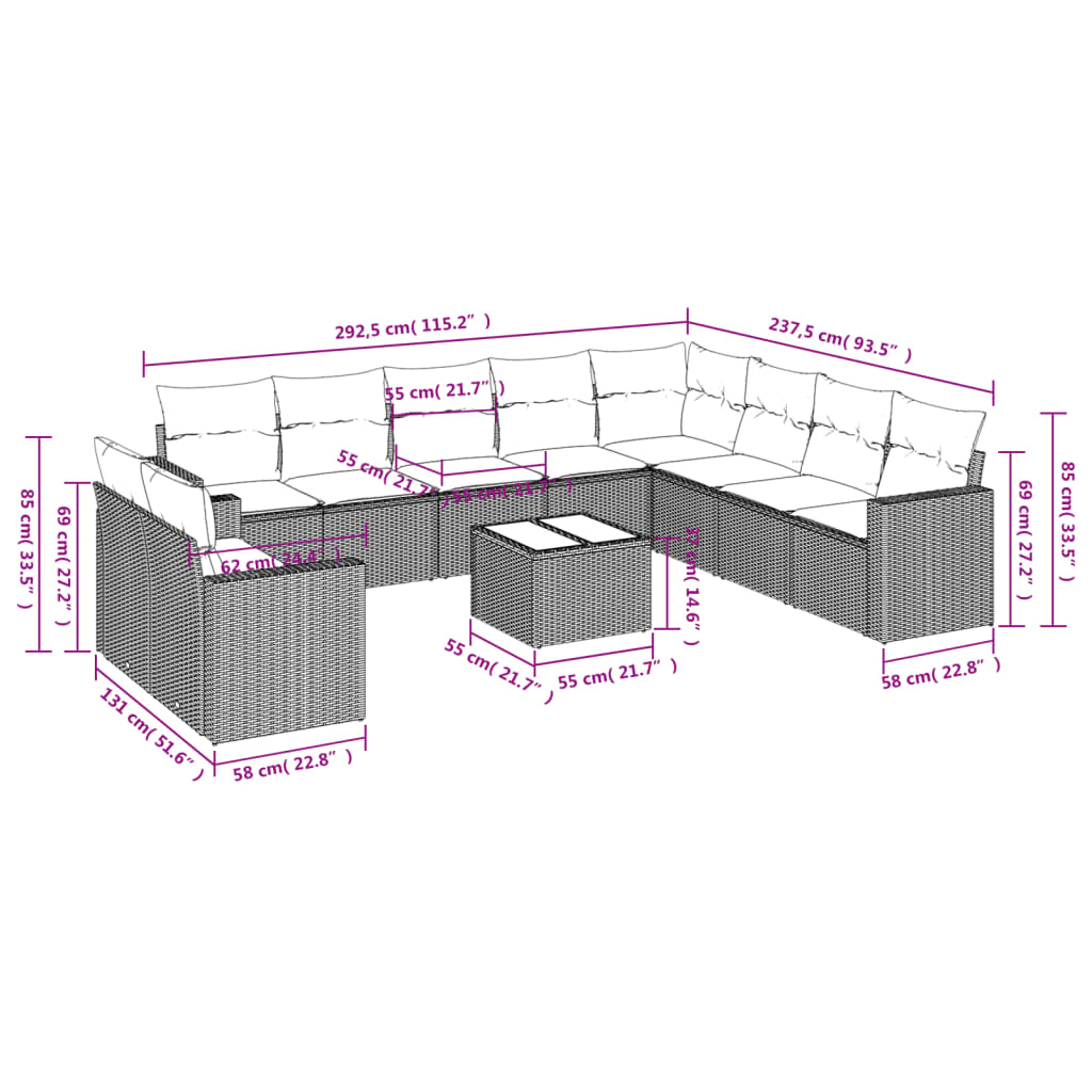 Vidaxl 11-Cz. Gartenmöbel-Set mit Kissen, Grauer PE-Rattan