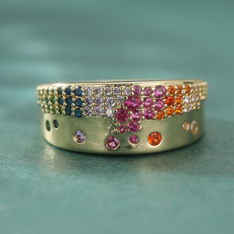 Elegant Inlaid Multicolored CZ Women's Ring Aesthetic Gold Color Geometry Daily Wear Party Jewelry Anniversary Gift
