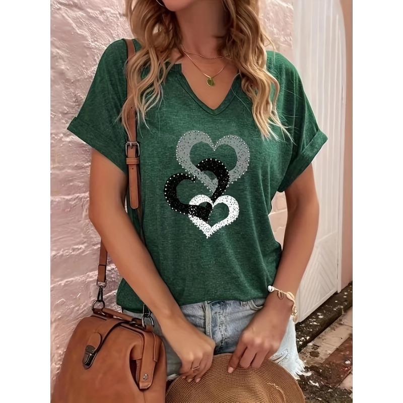 New Summer Folded Sleeve Heart Print V-neck Plus-size Short-sleeved T-shirt