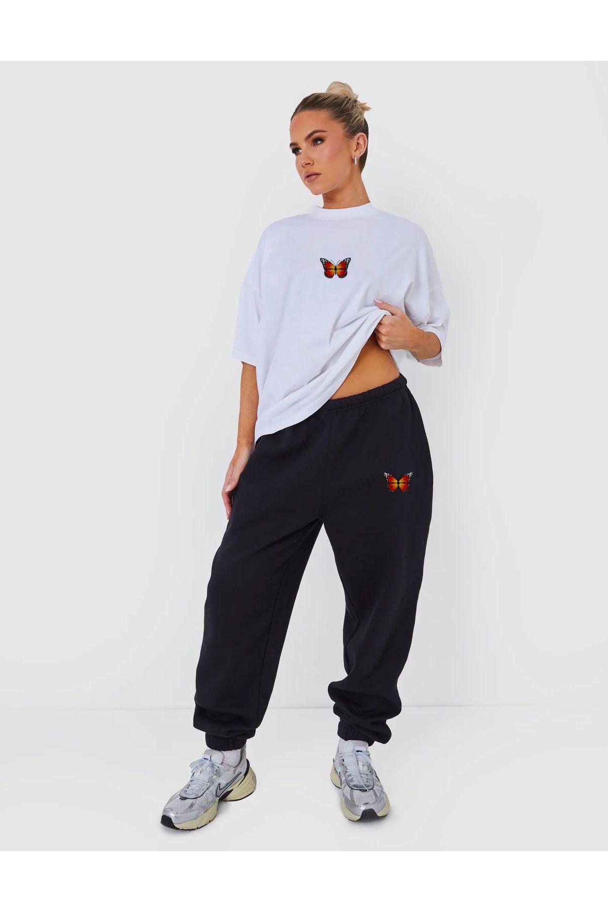 

Women s Style Big Size T-Shirt Butterfly Printed T-Shirt Bottom Top Tracksuit Set