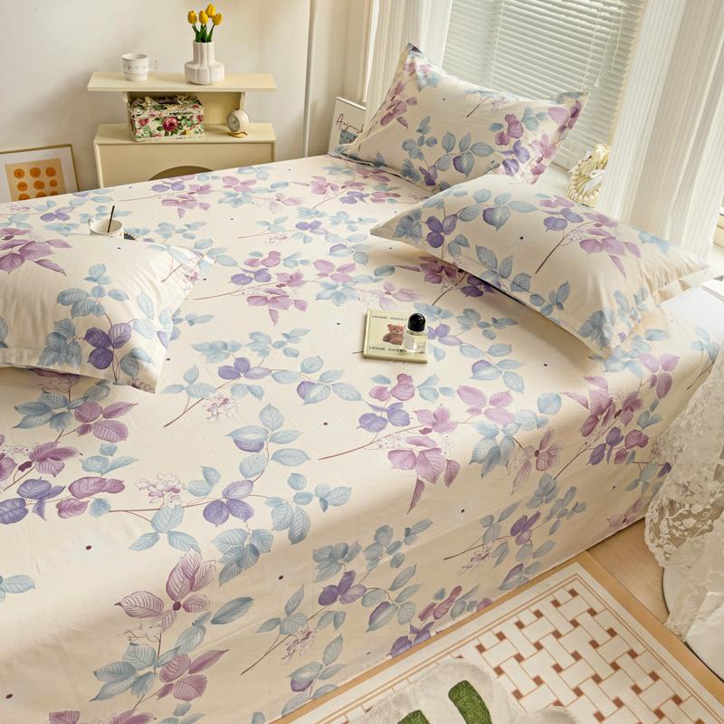 Watercolor Plant Leaves Bed Sheet Set 3Pcs 100% Cotton Bed Sheet with 2 Pillowcases Skin-friendly Comfortable Bedroom Bedspread