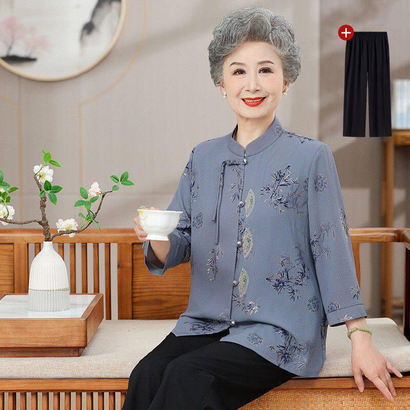 Mom's Spring & Autumn 2026 Chiffon Seven-Sleeve Shirt - New Chinese Style for Middle-Aged & Elderly Women