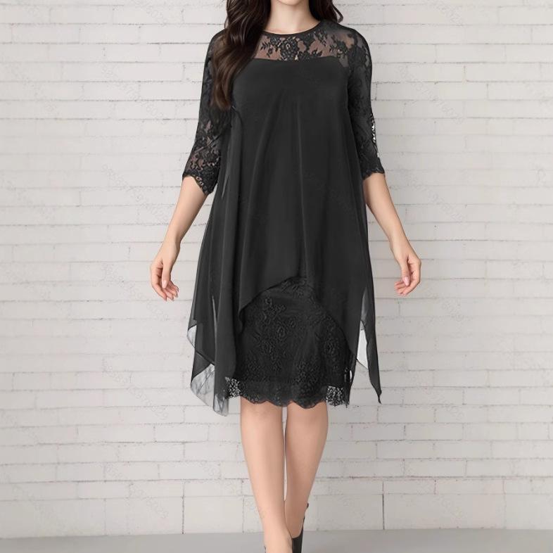 Spring/Summer 2026 Elegant Lace Patchwork Chiffon Dress with Three-Quarter Sleeves