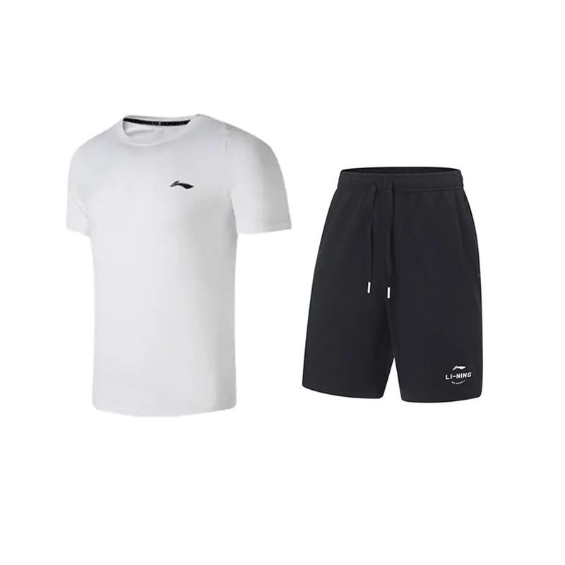 

Li-Ning Минималистичная быстросохнущая удобная дышащая футболка с коротким рукавом и круглым вырезом, повседневный спортивный комплект унисекс, топы ATSU819-2+AKST543-3 M