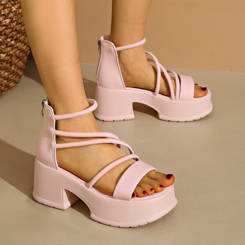 Fashion Women's Fashion Round Head Open Toe Thin Strap Back Zipper Waterproof Platform Anti-slip Wear-resistant High Heels