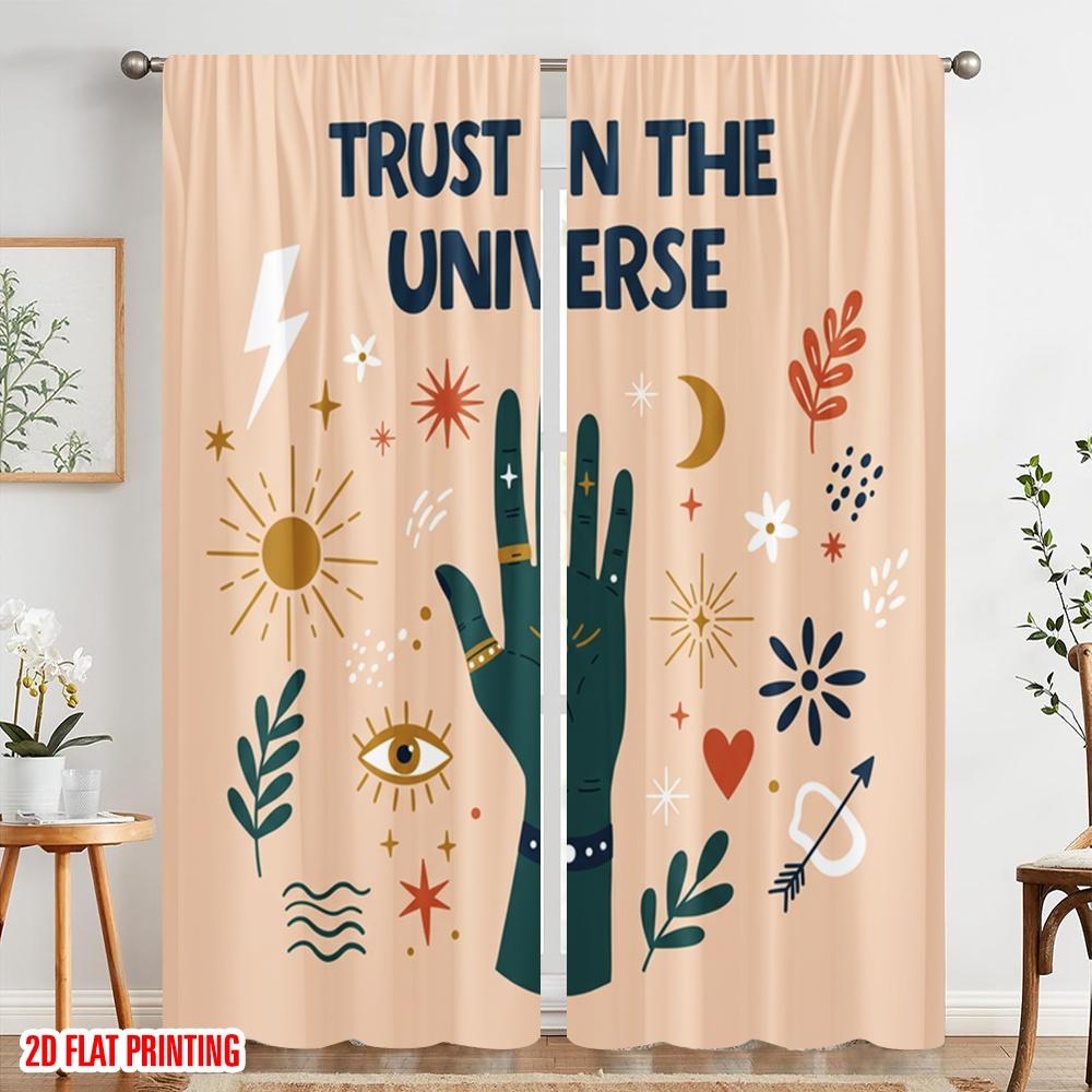 2 Stück 2D Flachdruck Fenstervorhänge Trust Universe Celestial Vibes 100% Polyester Ohne Strom Partydekorationen für Zuhause