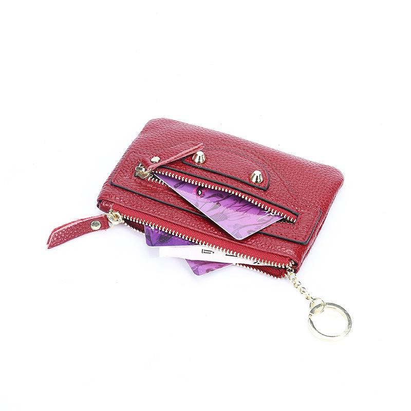 Women's Genuine Leather Mini Coin Purse with Key Ring - Motorcycle Style and Top Cowhide Zipper Wallet