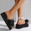 Fashion Women's New Bow Knot Round Toe Slippers Fashion Thick Bottom Wedge Slides Female Vacation Beach Comfort Black Slippers Mujer