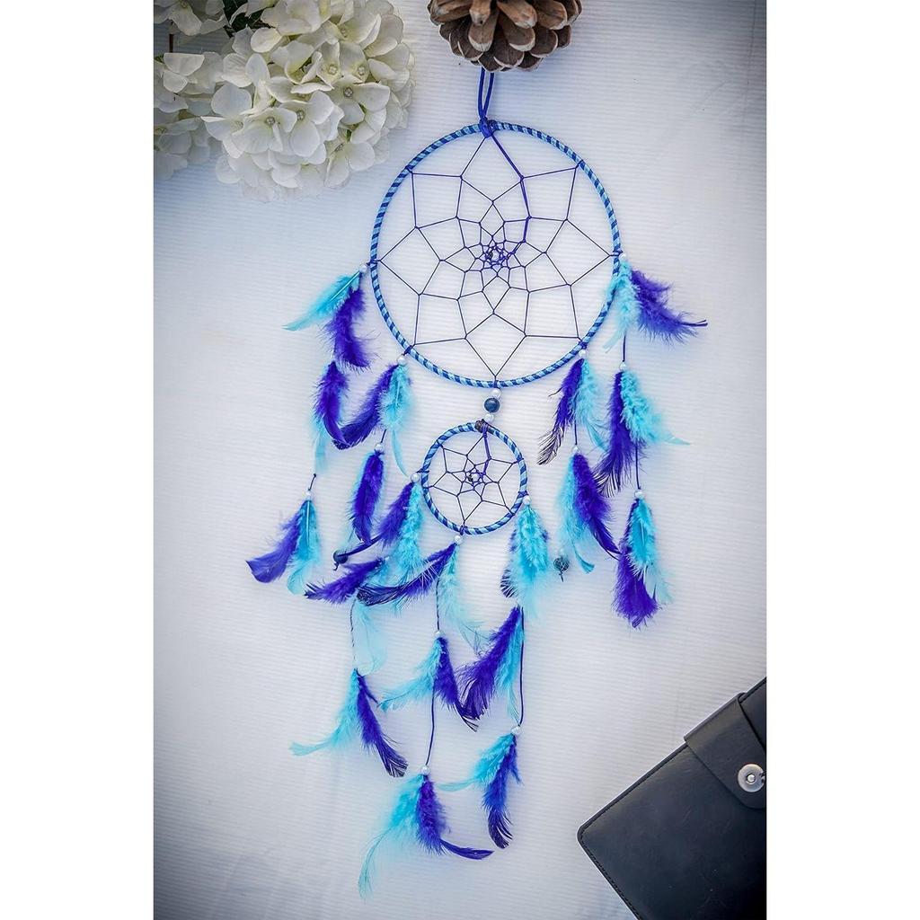 Catchers Wall Hangings, Home Décor, Handmade Dreamcatcher for Bedroom, Balcony, Garden, Party, Café, Small Ring Beaded Blue & Light Blue Feathers