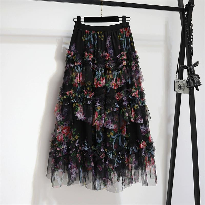 DIMANAF 2025 Summer Women New Skirts  Elastic Waist Flower Pleated Mesh Elegant Skirts