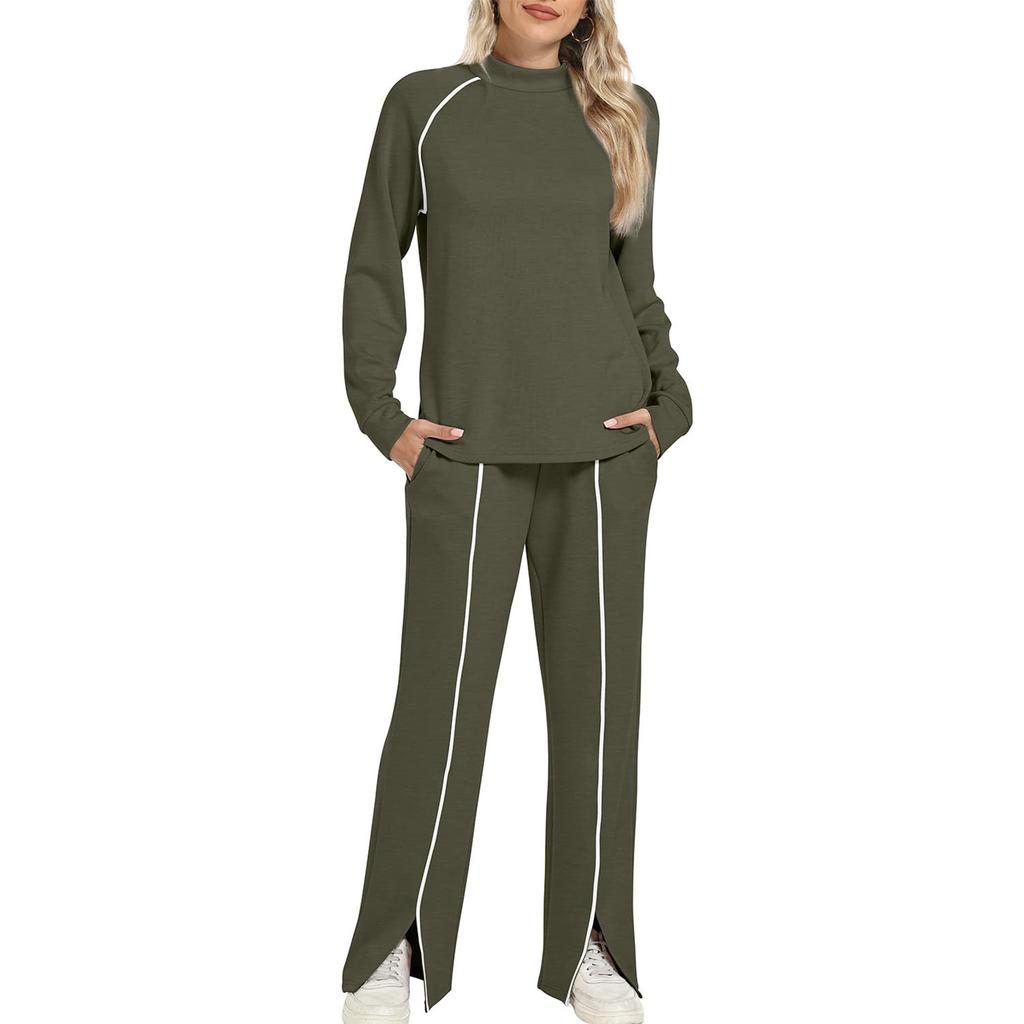 Women's Fashionable Solid Color Round Neck Long Sleeved Pullover Sweatshirt With Elastic Waistband And Split Hem Casual Sweatpants Two-piece Set