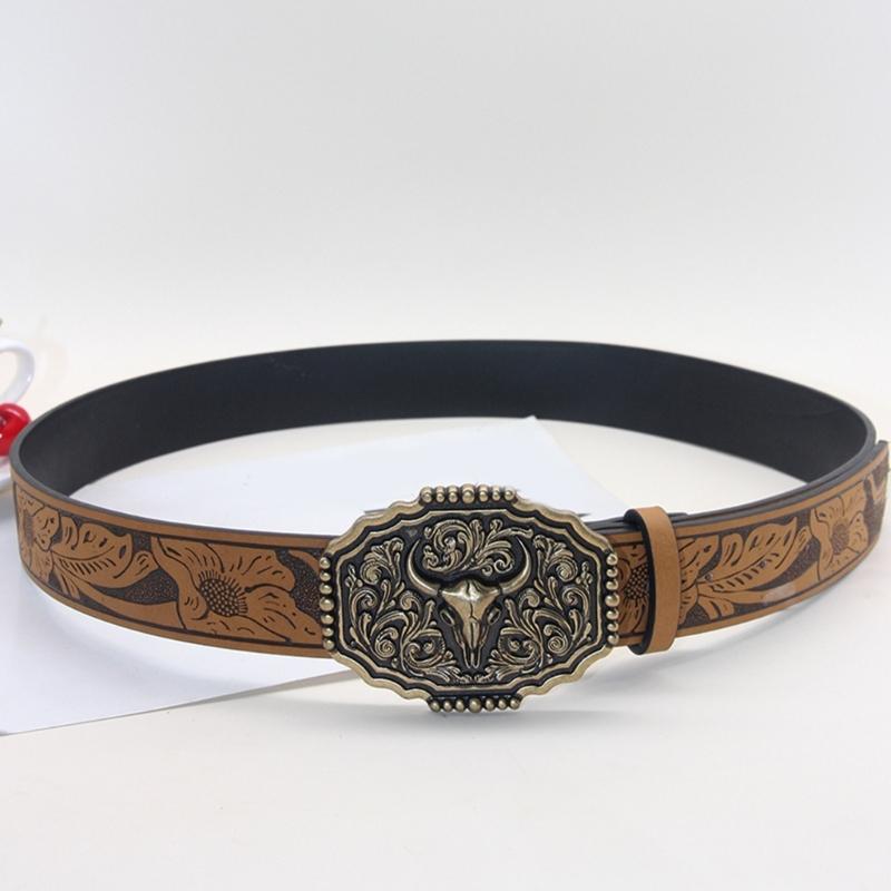 Embossed Pattern Wasitband Adjustable Belt For Daily Use And Outdoor Activity with Metal Bull Head Buckles for Men Women