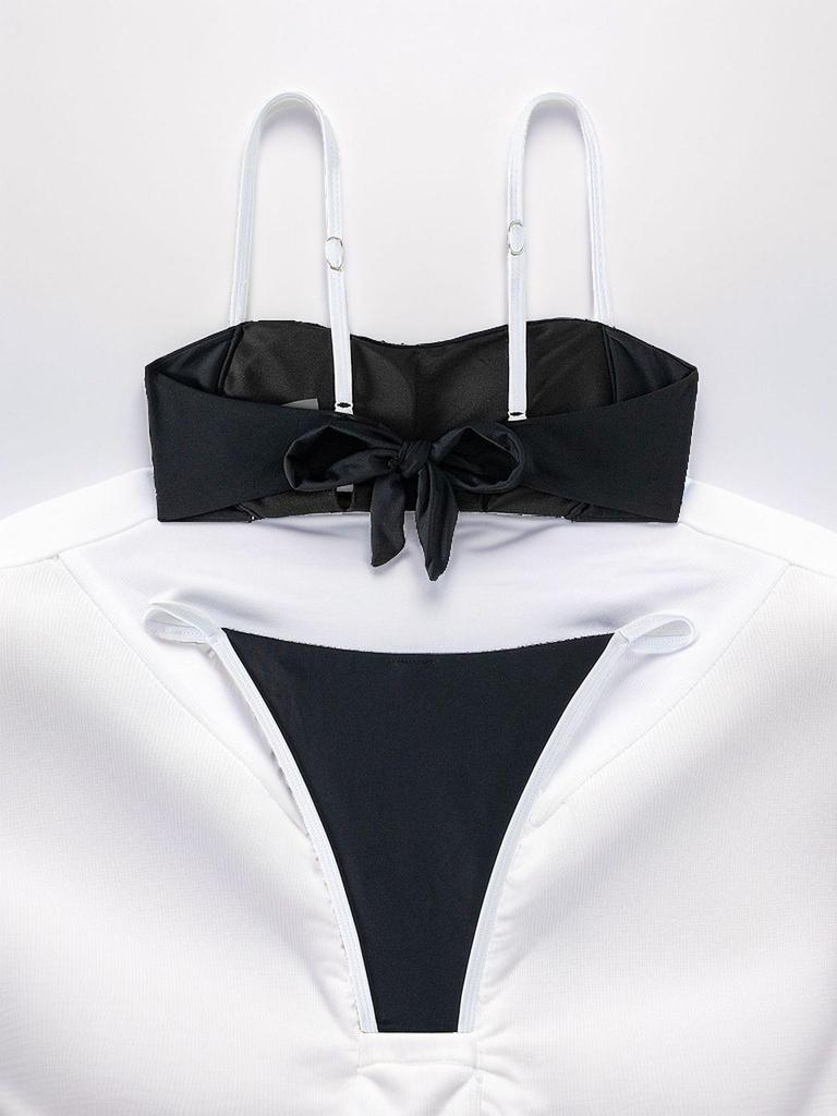 2024 Europäischer & Amerikanischer Farbblock Schnür-Bikini mit niedriger Taille