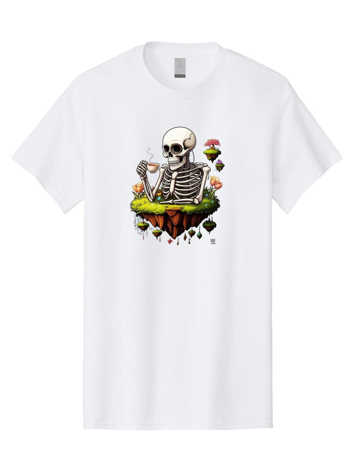 Skeleton-Sipping-Tea Mens Graphic Tee,100% Cotton,Casual Summer Wear S