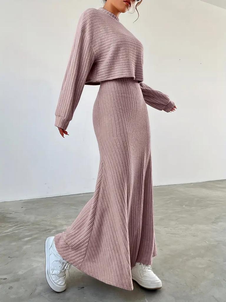 Rib Knit Crop Top And Maxi Skirt Set Two Piece Outfits Long Sleeve High Waist Plain Matching Sets