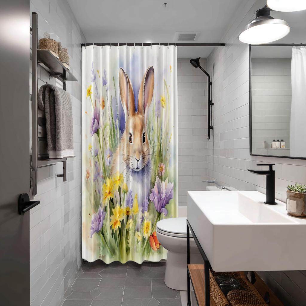 Watercolor Rabbit and Flowers Pattern Waterproof Shower Curtain 180x200cm - Spring Floral Print Bath Curtain for Home Decor