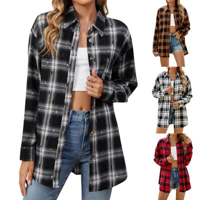 Women's Fashionable Wide Plaid Long Sleeved Loose Button Pocket Shirt Jacket