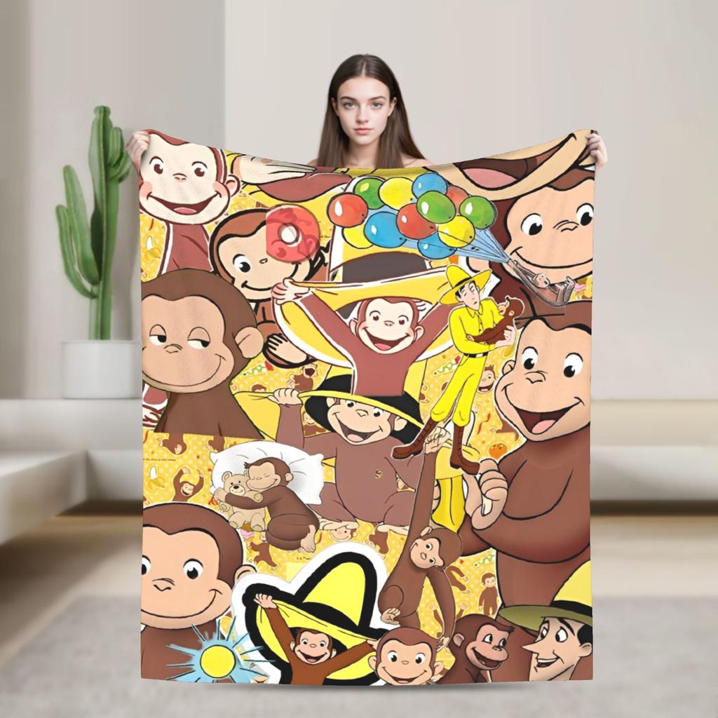 Cartoon Curious George Flannel Blanket  Soft Warm Throw Blanket for Couch Chair Decorative Funny Bedspread Sofa Bed Cover