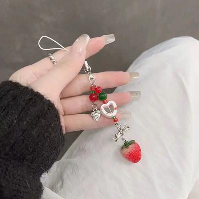 1Pc Lovely Heart Strawberry Beaded Mobile Phone Lanyard Cute Girl Backpack Key Chain Card Bag Purse Pendant Phone Strap Charm