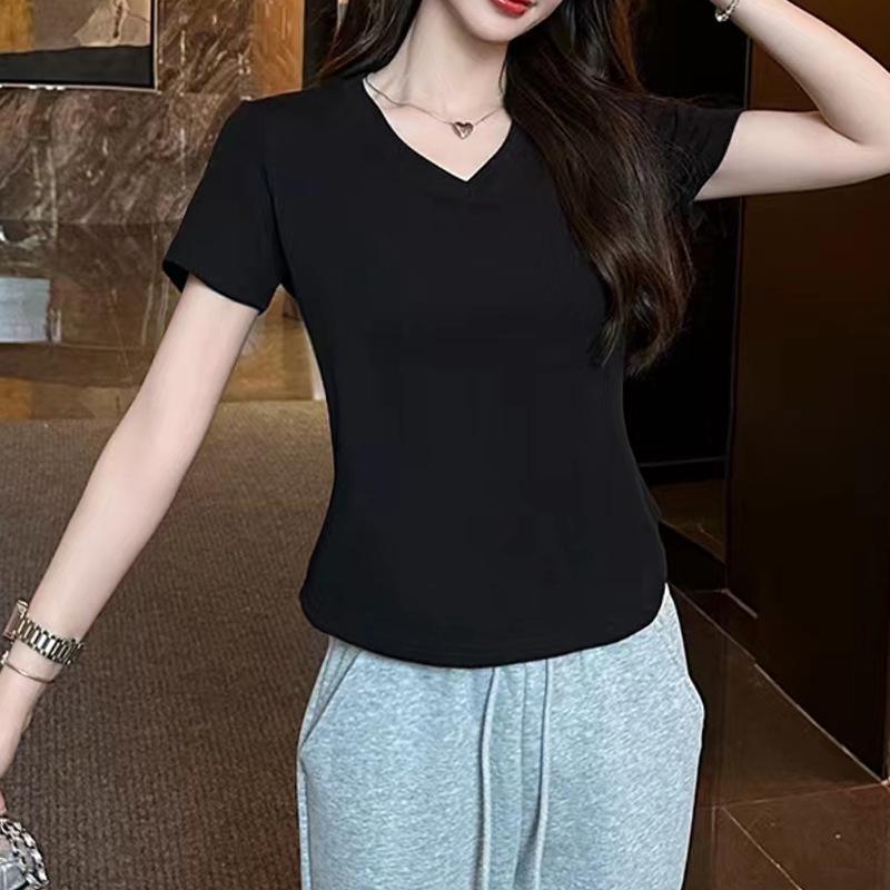 2026 Summer New Slim Fit V-Neck Short-Sleeve T-Shirt for Petite Women