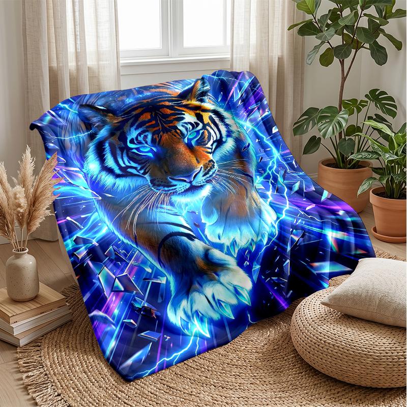 Energetic Blue Tiger Artwork Theme Blanket Lightweight Warm Flannel Blanket Decorative Throw Blanket for Home Decoration