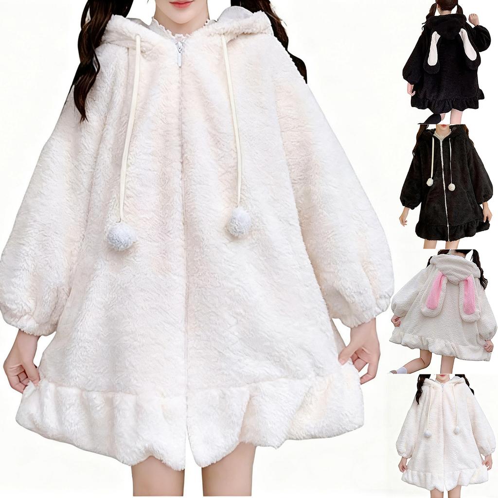 Women's Winter Fashion Casual Hooded Long-sleeve Ruffled Lamb Wool Coat