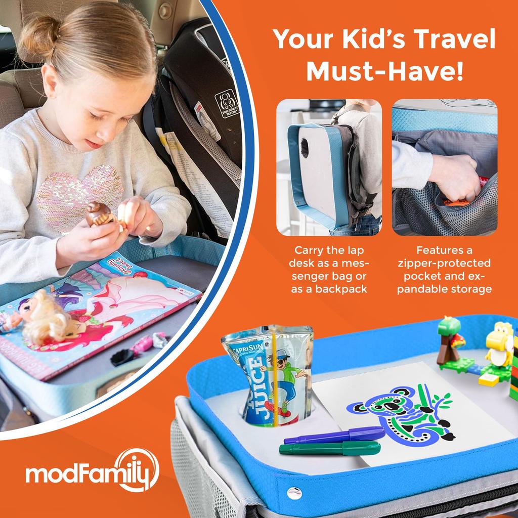 ModFamily Car Child Child Seat Car Back Seat Travel Lap Ages Table, Tray, Table, In-Car Table, Desk, Tray, Blue/Gray, 3+