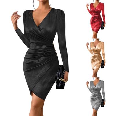 Women's  Sexy Slim V Neck High Waist Pleated Hip Cover Long Sleeve Dress